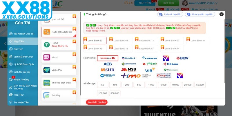 Nạp tiền XX88 bằng phương thức chuyển khoản ngân hàng nhanh chóng